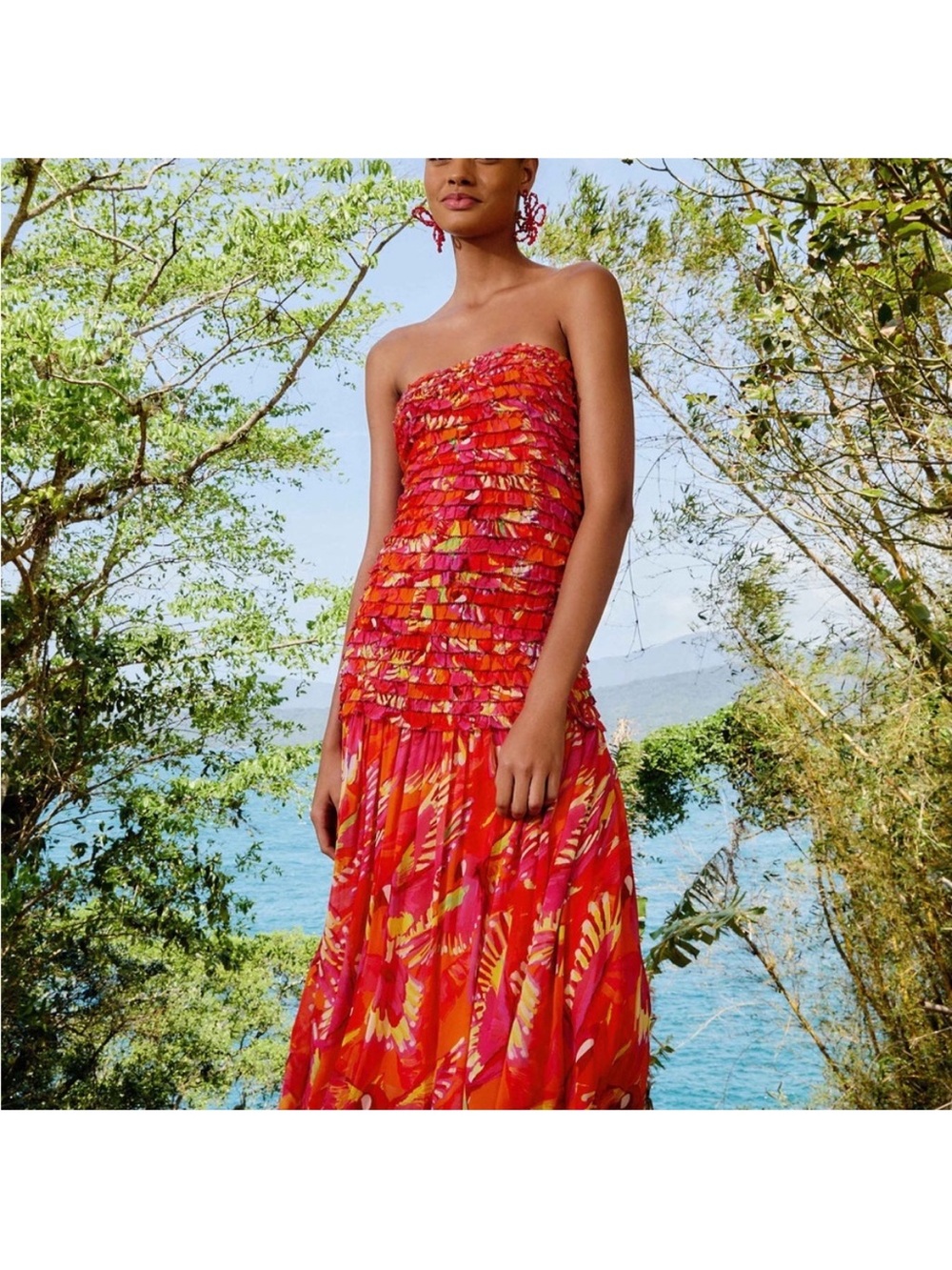 Farm Rio - NWT- Orange Flying Birds Strapless Smocked Maxi Dress - Picture 6 of 15